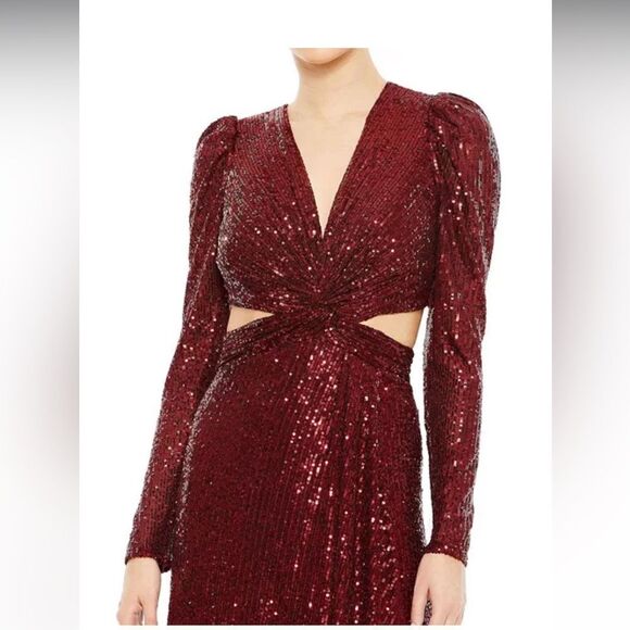 Ieena Mac Duggal Sequined Criss Cross Long Sleeve Maxi Gown in Red Sz 10 NWT - Picture 3 of 13